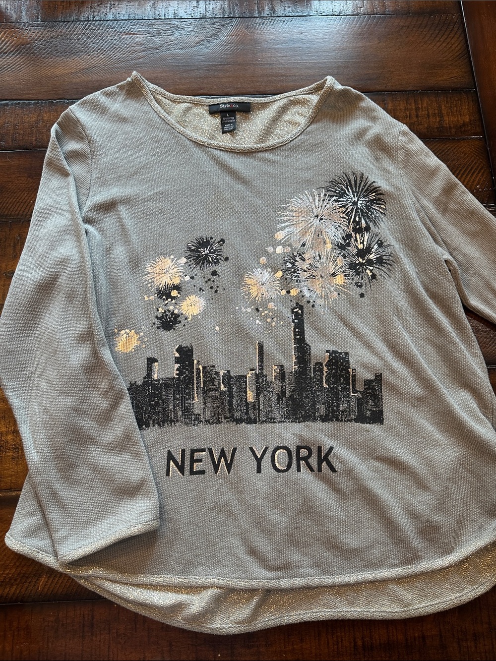 Style & Co. Gray Long-Sleeve New York Skyline Tee with Gold Accents